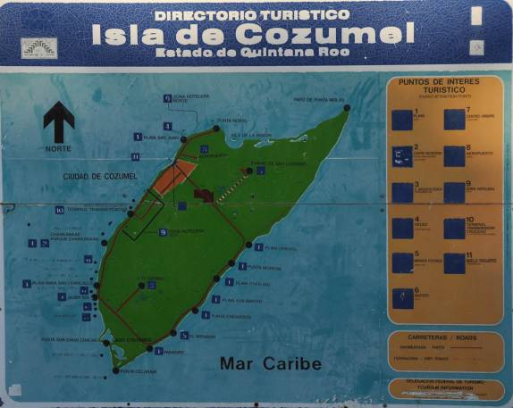 Mapa da ilha de Cozumel, no litotal de Yucatán, no sul do México, mostrando o circuito que fizemos